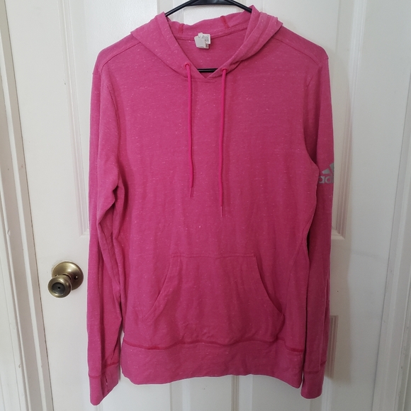 Womens Adidas Pink Hooded Long Sleeve T Shirt Front pocket Adidas logo on sleeve - Picture 1 of 8